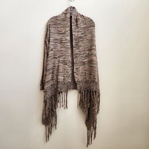 Boston Proper Cardigan Women Medium Mocha Multicolor Crochet Fringe Knit Sweater